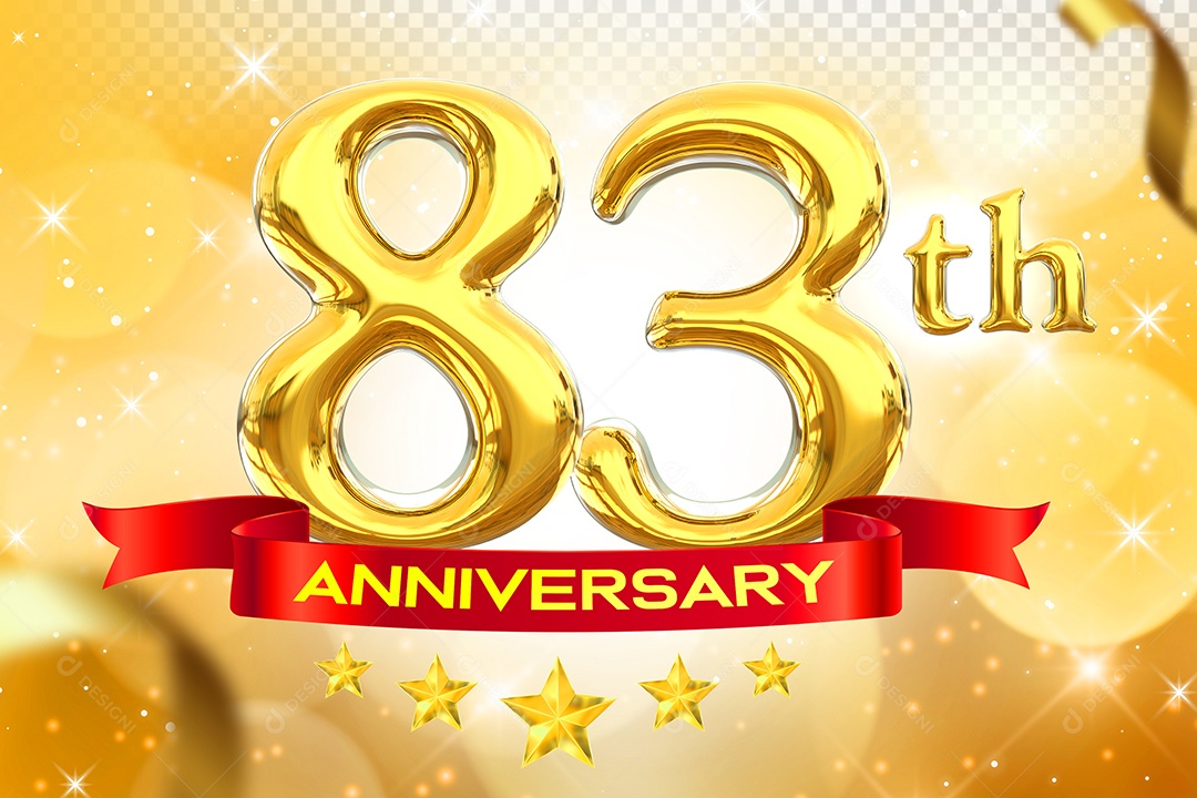 Número 83º Aniversário Elemento 3D Dourado para Composição PSD