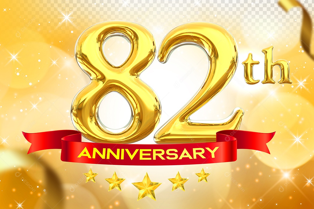 Número 82º Aniversário Elemento 3D Dourado para Composição PSD