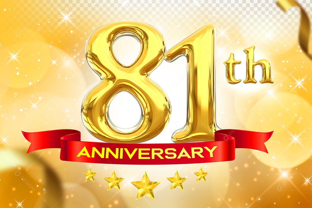 Número 81º Aniversário Elemento 3D Dourado para Composição PSD