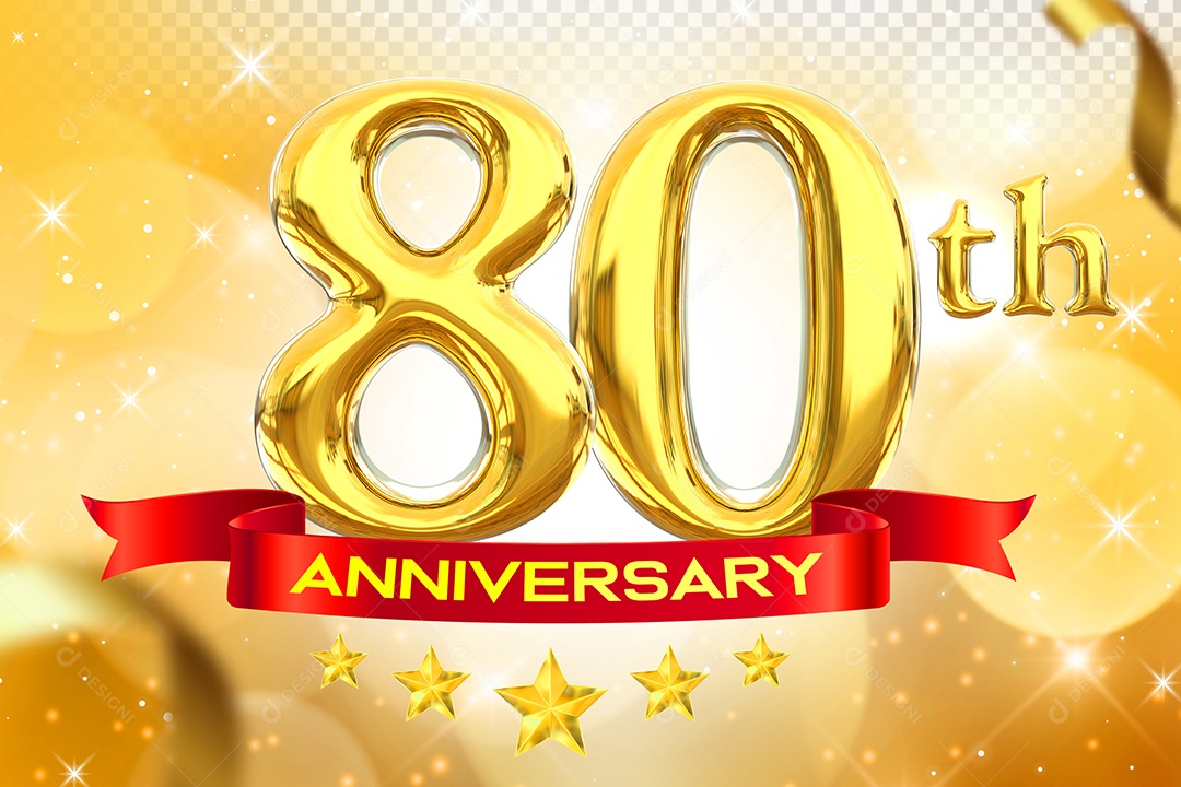 Número 80º Aniversário Elemento 3D Dourado para Composição PSD