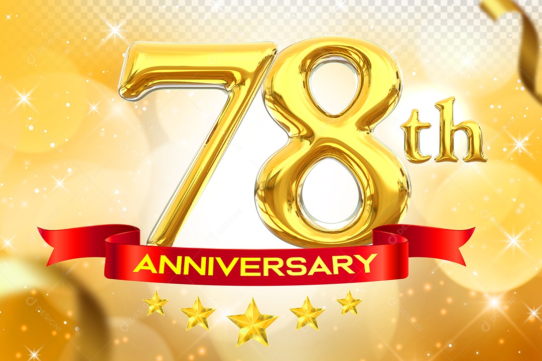 Número 78º Aniversário Elemento 3D Dourado para Composição PSD