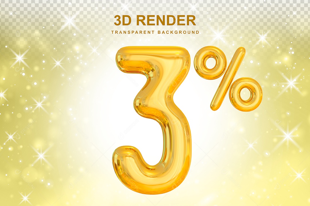 Número de Desconto 3% Elemento 3D Dourado para Composição PSD