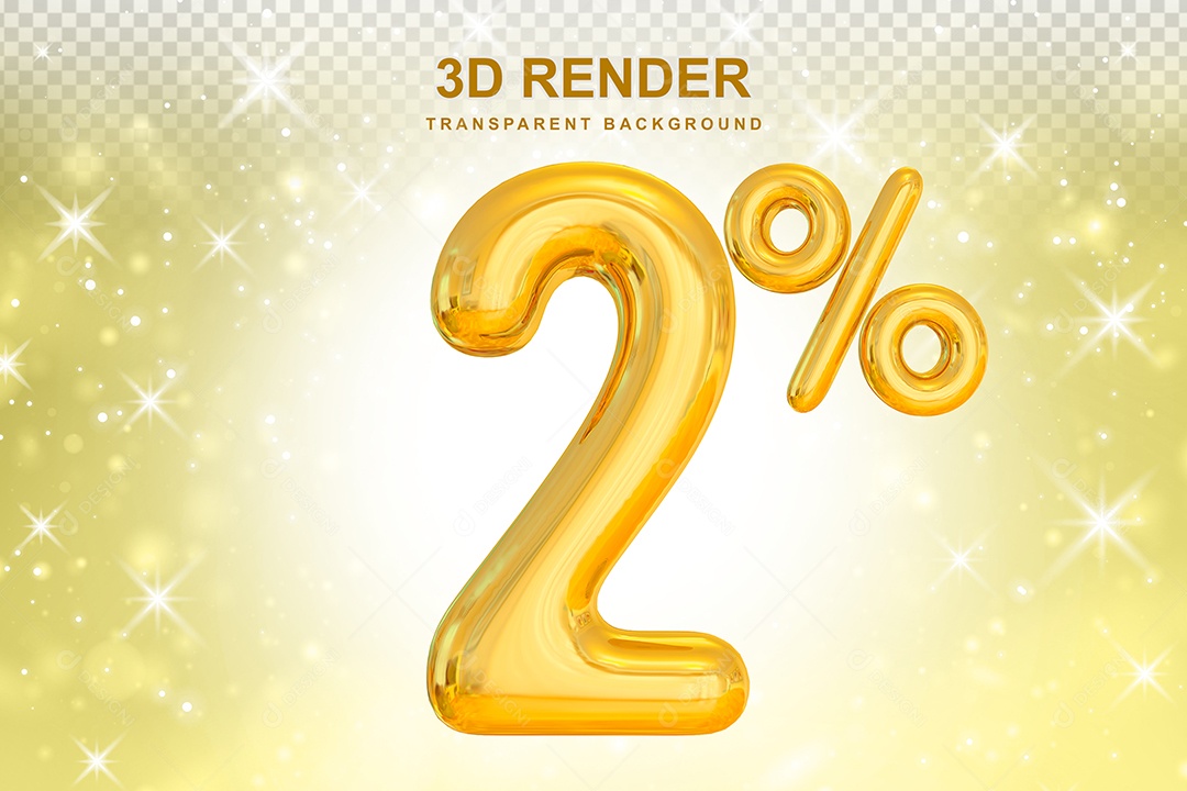 Número de Desconto 2% Elemento 3D Dourado para Composição PSD