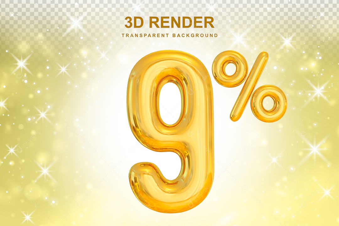Número de Desconto 9% Elemento 3D Dourado para Composição PSD