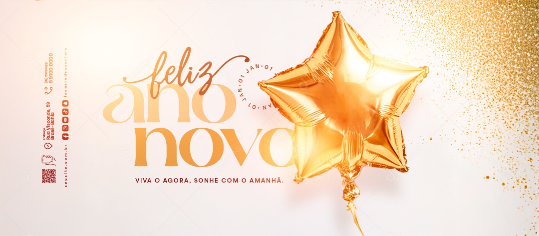 Banner Feliz Ano Novo 01 de Janeiro Viva o Agora Social Media PSD Editável