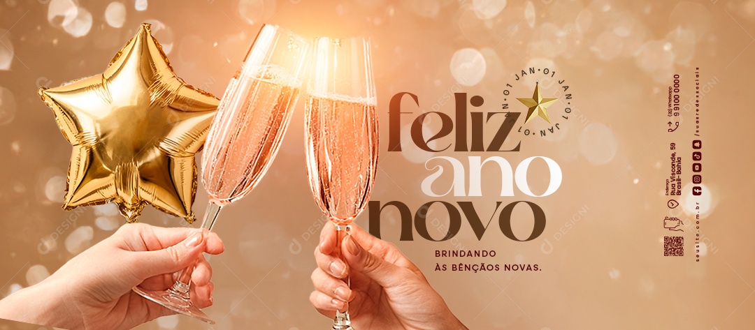 Banner Feliz Ano Novo 01 de Janeiro Brindando às Bênçãos Novas Social Media PSD Editável
