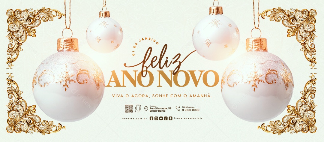 Banner Feliz Ano Novo 01 de Janeiro Viva o Agora Social Media PSD Editável