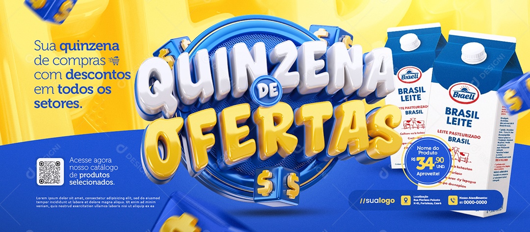 Banner Supermercado Quinzena de Ofertas Caixa de Leite Social Media PSD Editável