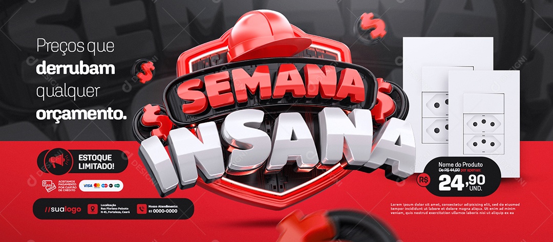 Banner Construção Semana Insana Tomadas Estoque Limitado Social Media PSD Editável