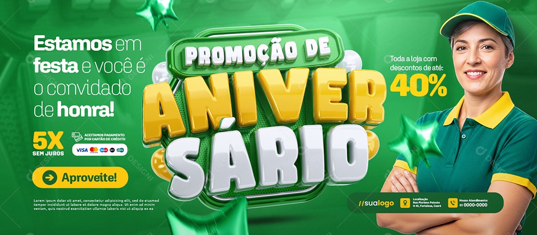 Banner Supermercado Promoção de Aniversário Estamos em Festa Social Media PSD Editável