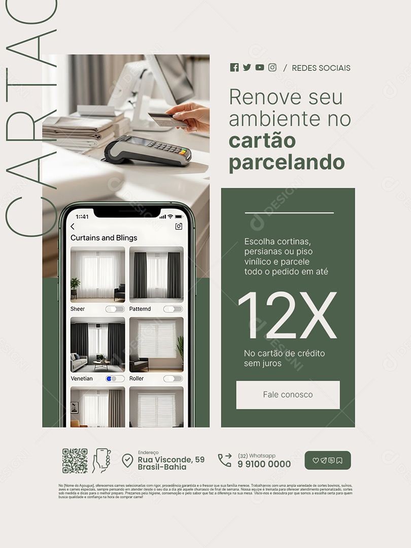 Loja Cortinas Renove Seu Ambiente no Cartão Parcelando Social Media PSD Editável