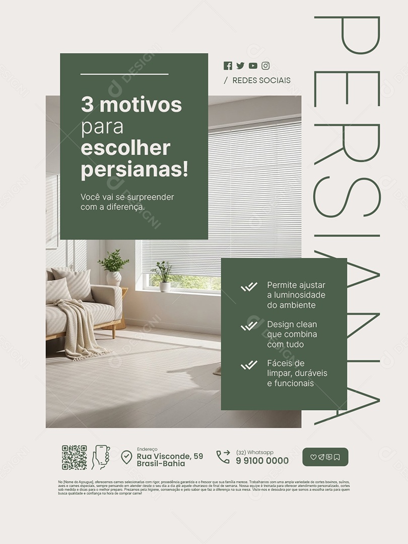 Loja Cortinas Três Motivos para Escolher Persianas Social Media PSD Editável