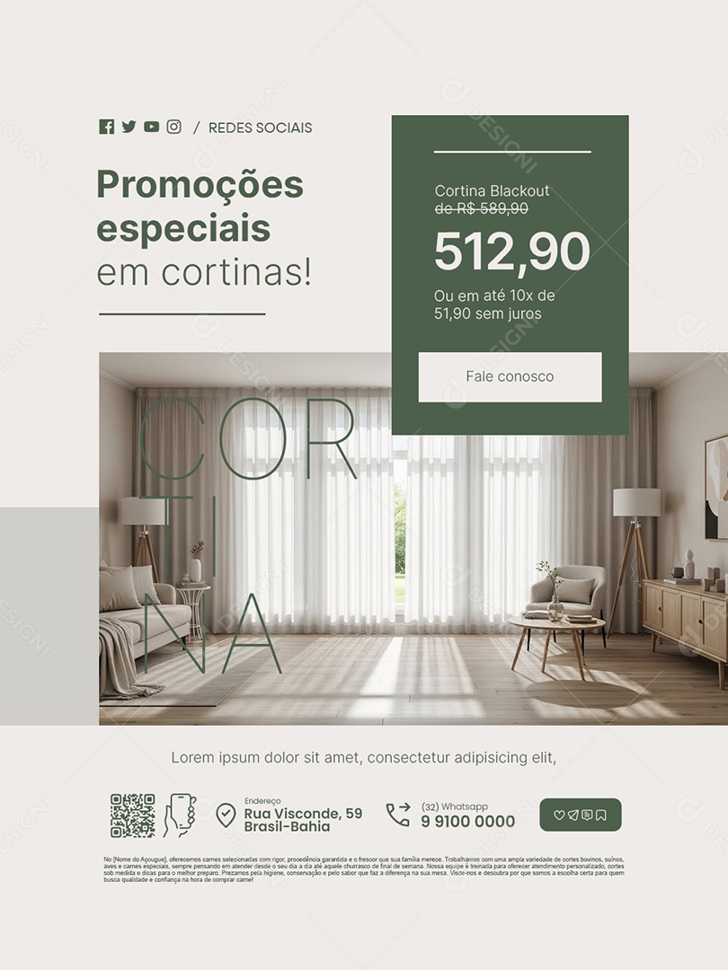Loja Cortinas Promoções Especiais em Cortinas Social Media PSD Editável