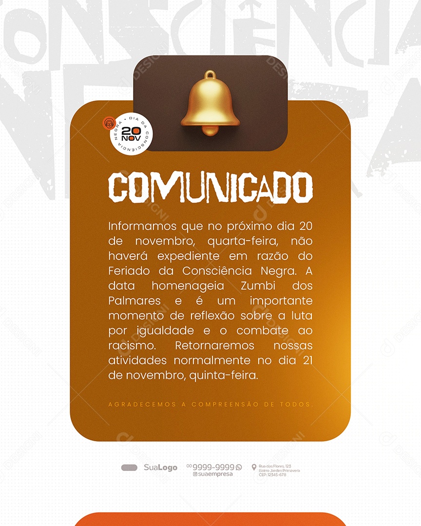 Comunicado Dia da Consciência Negra 20 de Novembro Social Media PSD Editável