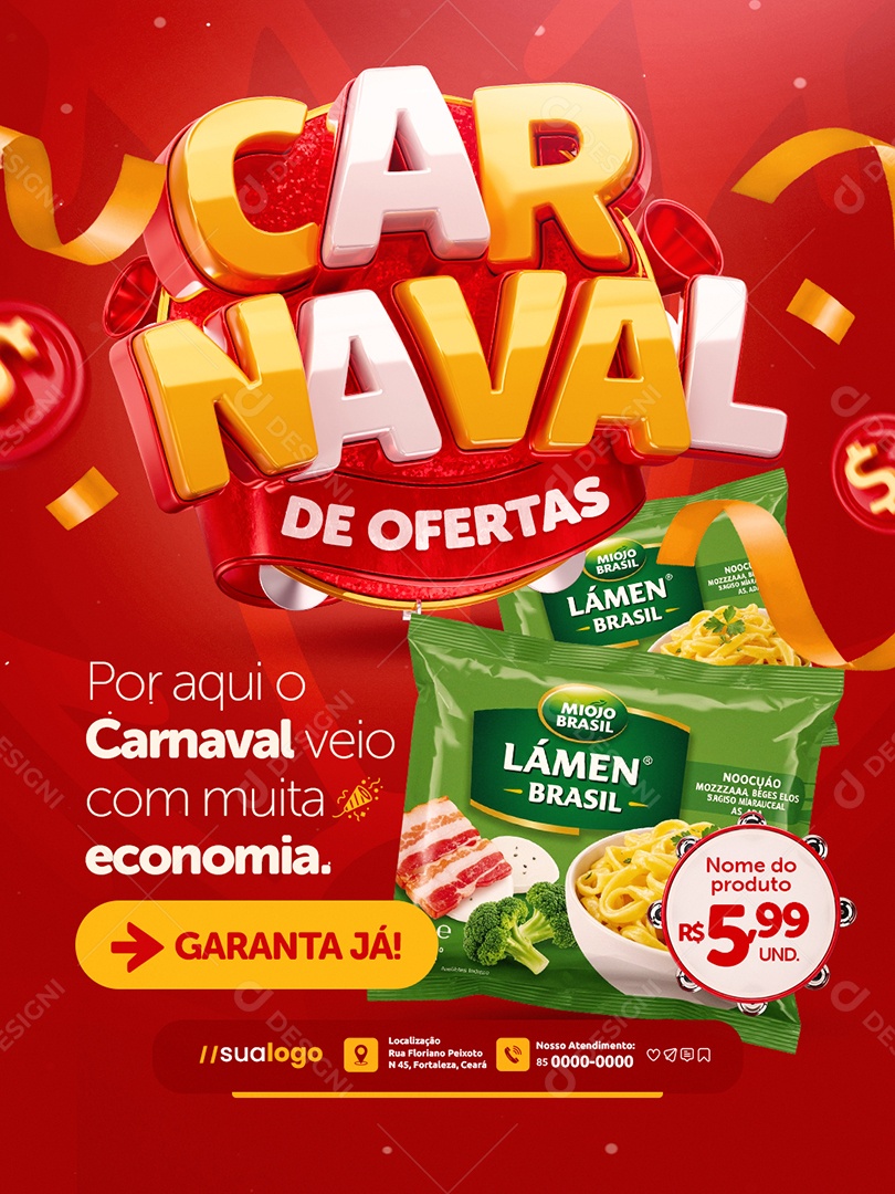 Carnaval de Ofertas Supermercado Macarrão Instantâneo Social Media PSD Editável