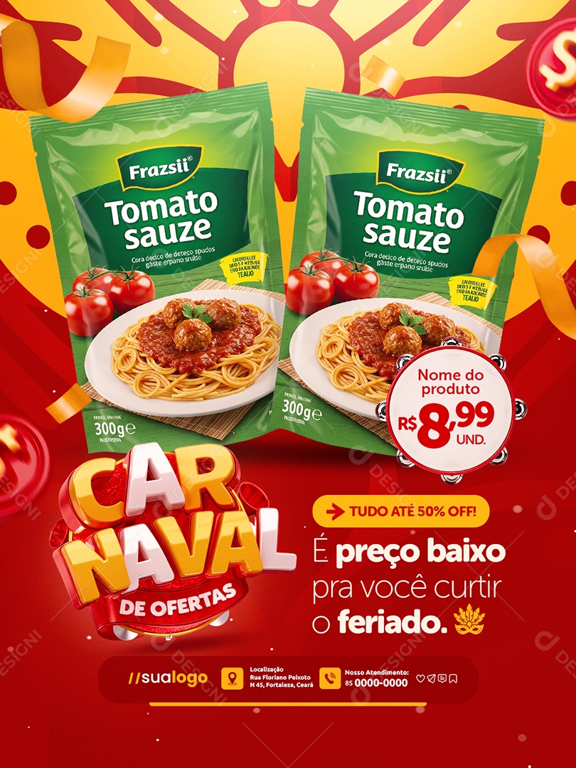 Carnaval de Ofertas Supermercado Tudo Até 50% Off Social Media PSD Editável