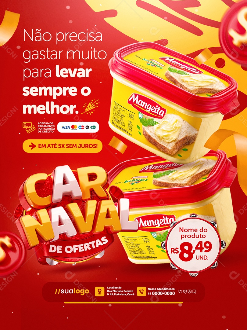 Carnaval de Ofertas Supermercado Manteiga em Até 5x Sem Juros Social Media PSD Editável