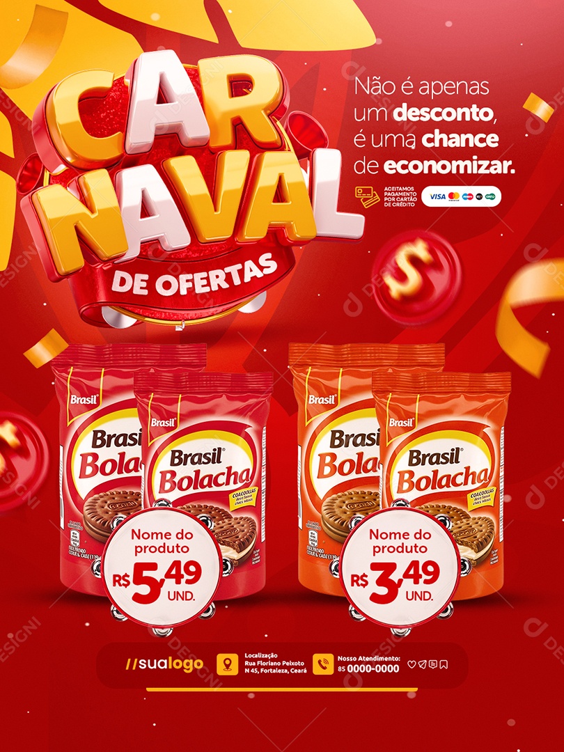 Carnaval de Ofertas Supermercado Uma Chance de Economizar Social Media PSD Editável