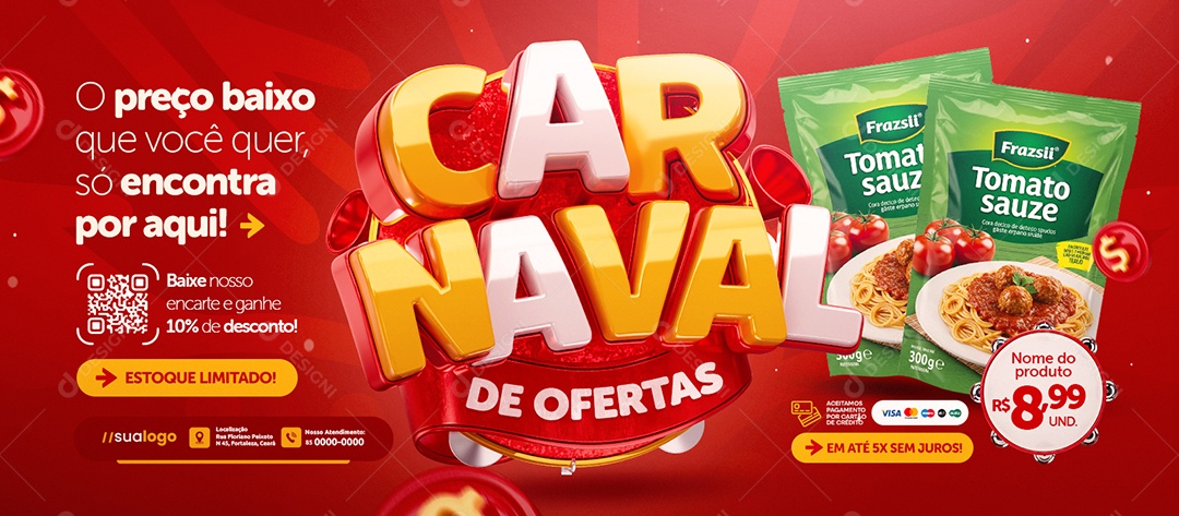 Banner Carnaval de Ofertas Supermercado O Preço Baixo Social Media PSD Editável