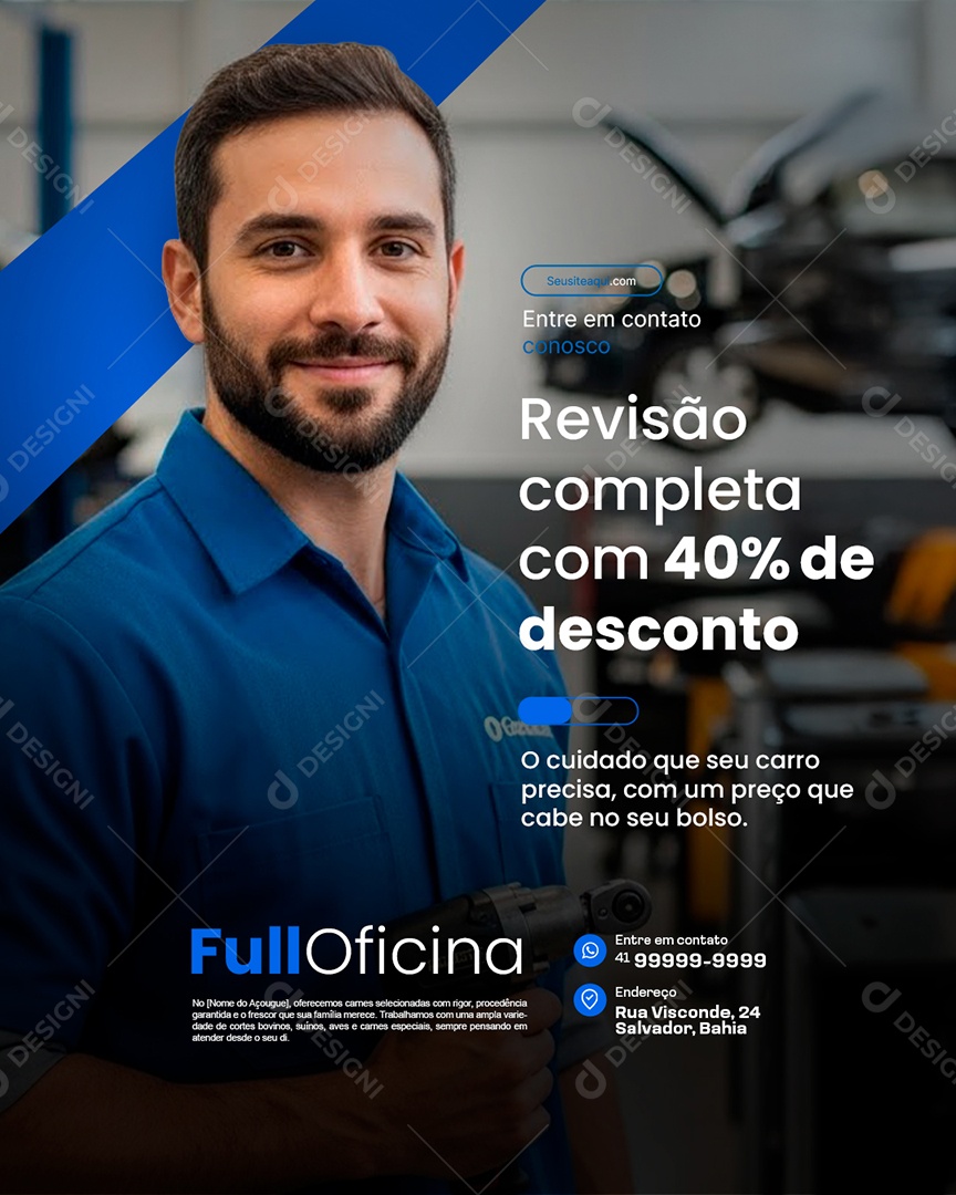 Oficina Mecânica Revisão Completa com 40% de Desconto Social Media PSD Editável