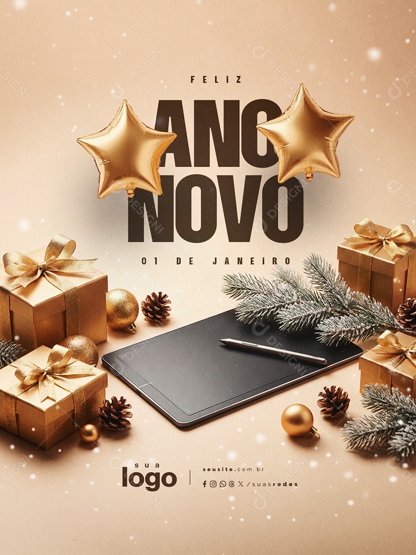 Feliz Ano Novo 01 de Janeiro Designer Gráfico Social Media PSD Editável