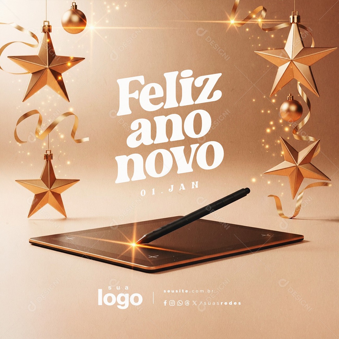 Feliz Ano Novo 01 de Janeiro Designer Gráfico Novo Ano Social Media PSD Editável