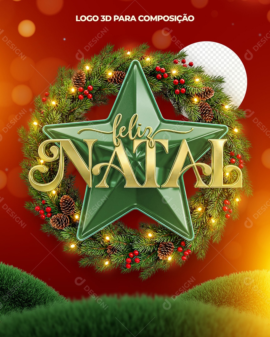 Feliz Natal Selo 3D Dourado e Verde para Composição PSD