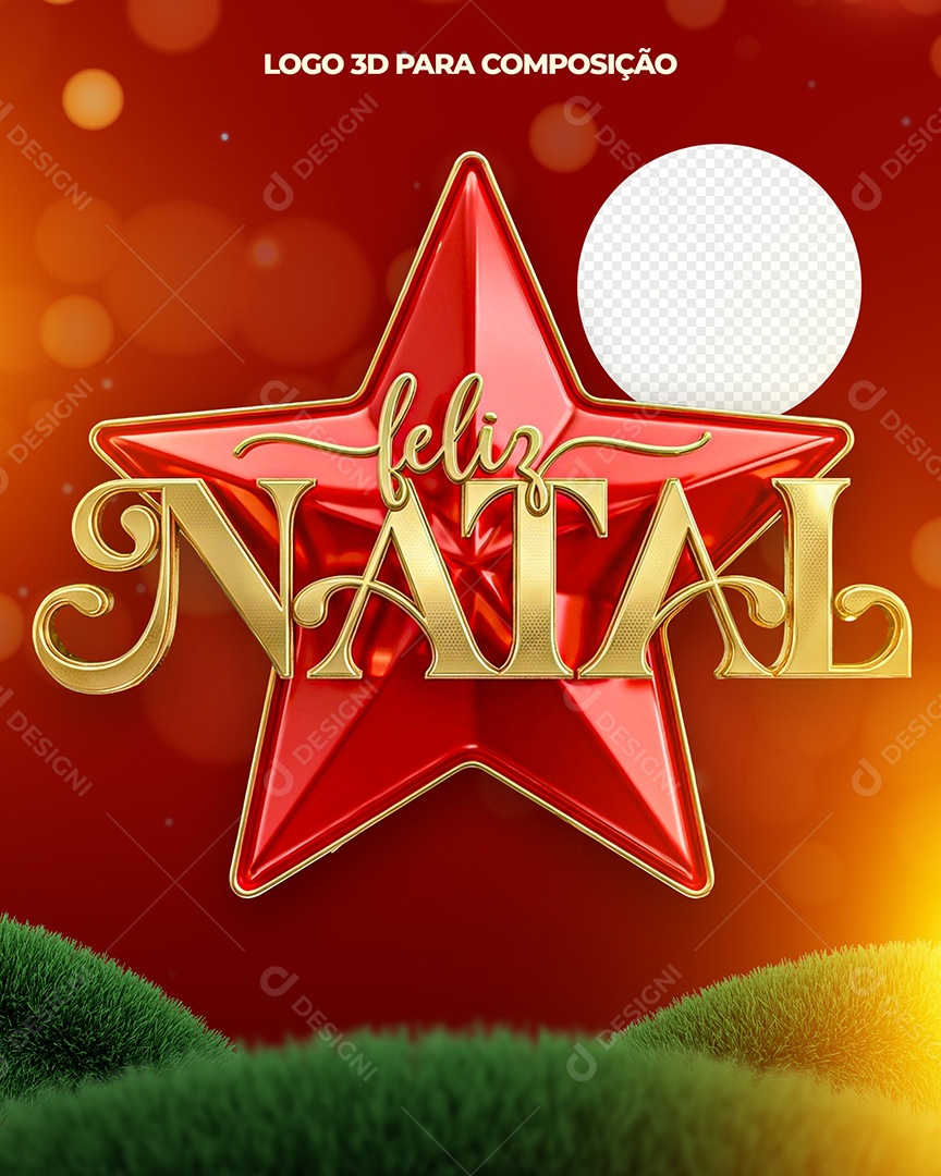 Feliz Natal Selo 3D Dourado e Vermelho para Composição PSD