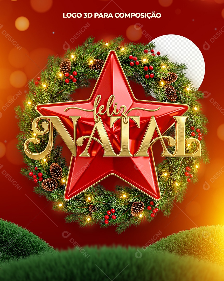 Feliz Natal Selo 3D Dourado e Vermelho para Composição PSD