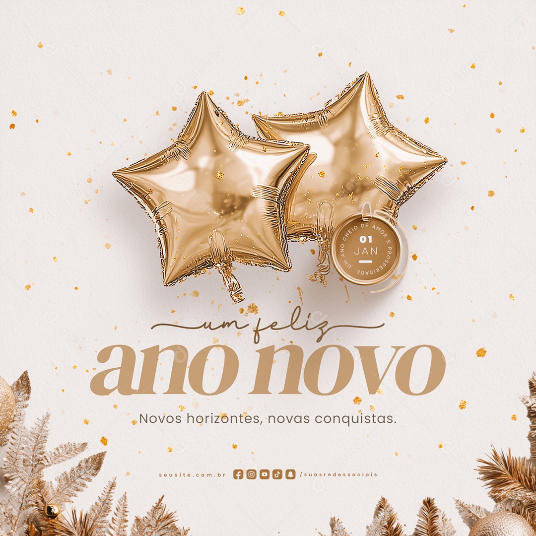 Um Feliz Ano Novo 01 de Janeiro Novos Horizontes Novas ConquistasSocial Media PSD Editável