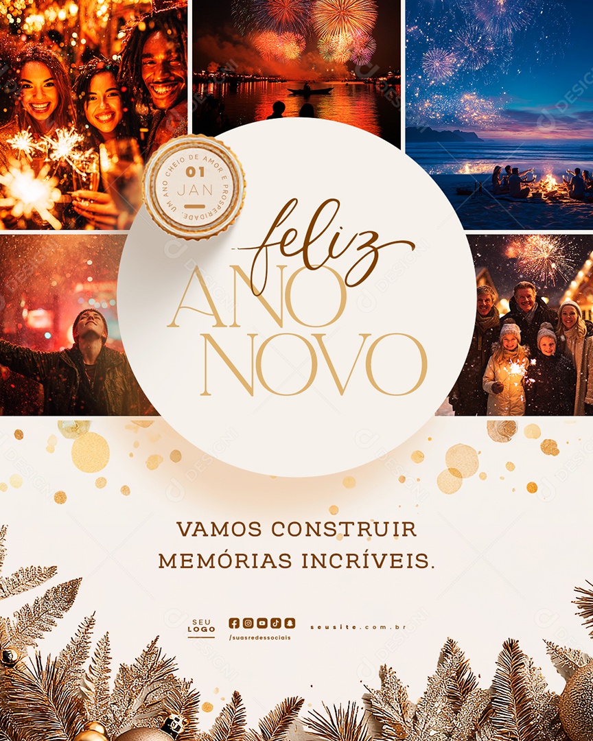 Feliz Ano Novo 01 de Janeiro Vamos Construir Memórias Incríveis Social Media PSD Editável