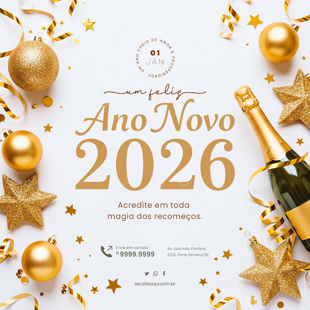 Um Feliz Ano Novo 2026 01 de Janeiro Social Media PSD Editável