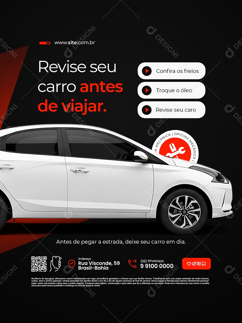 Oficina Mecânica Revise Seu Carro Antes de Viajar Social Media PSD Editável