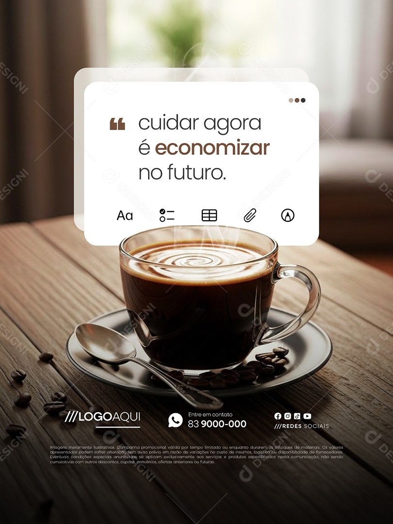 Lembrete Cafeteria Cuidar Agora é Economizar no Futuro Social Media PSD Editável