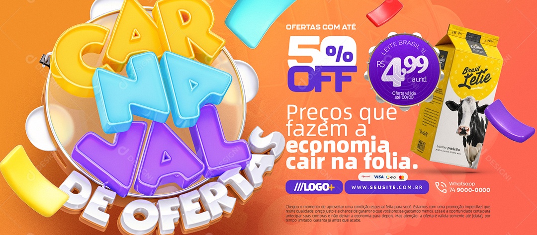 Banner Carnaval de Ofertas Supermercado Caixa de Leite Ofertas com Até 50% Off Social Media PSD Editável