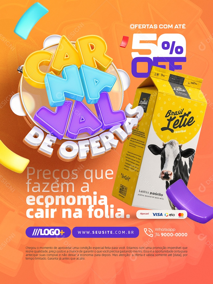 Carnaval de Ofertas Supermercado Caixa de Leite Ofertas com Até 50% Off Social Media PSD Editável