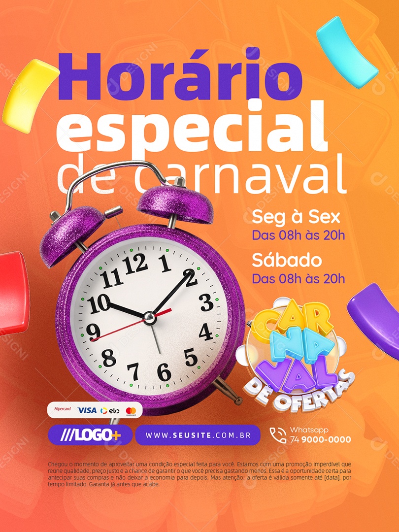 Carnaval de Ofertas Supermercado Horário Especial de Carnaval Social Media PSD Editável