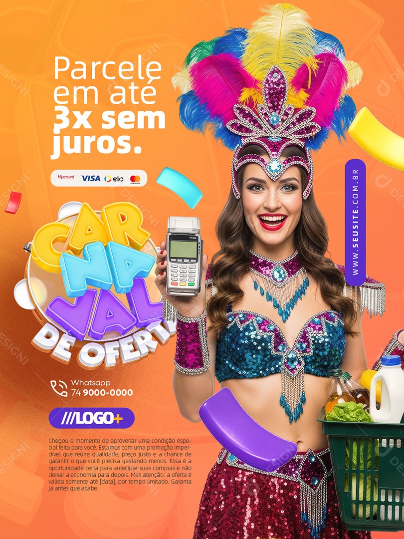 Carnaval de Ofertas Supermercado Parcele em Até 3x Sem Juros Social Media PSD Editável