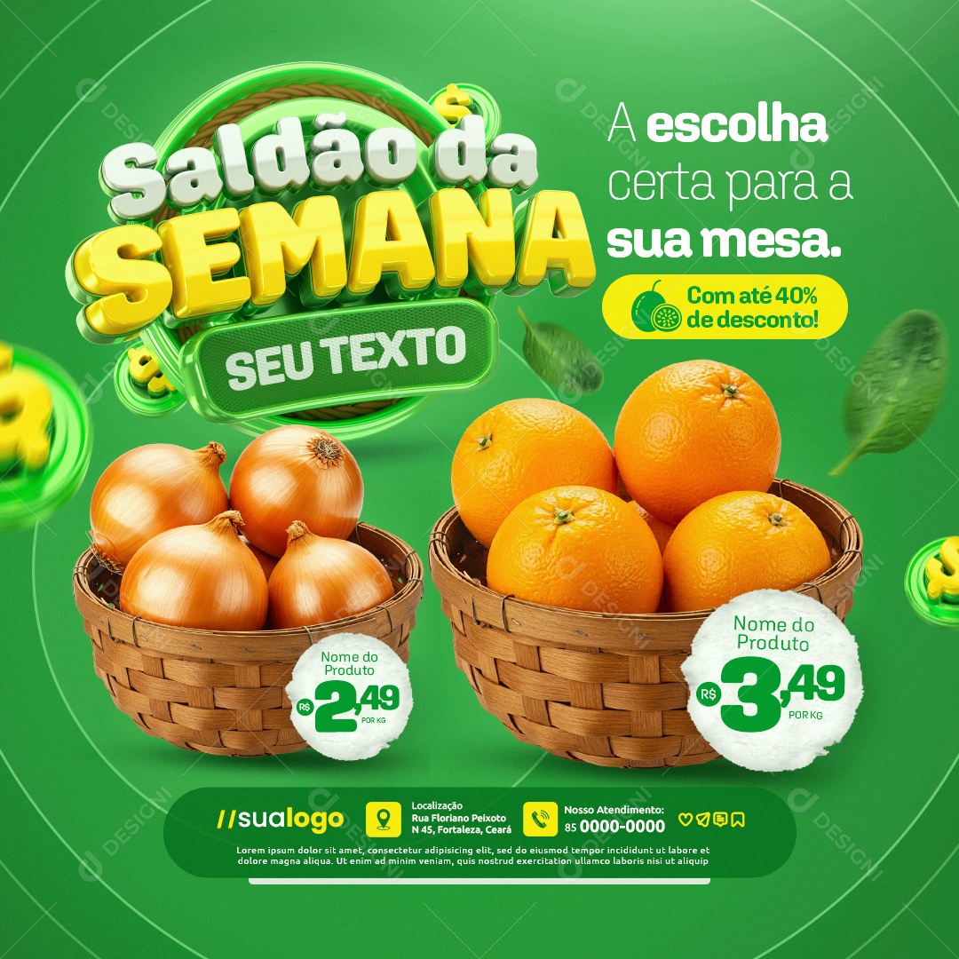 Saldão da Semana Hortifruti Cebola e Laranja com Até 40% de Desconto Social Media PSD Editável