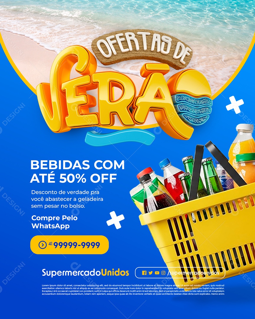 Ofertas de Verão Supermercado Bebidas com Até 50% Off Social Media PSD Editável