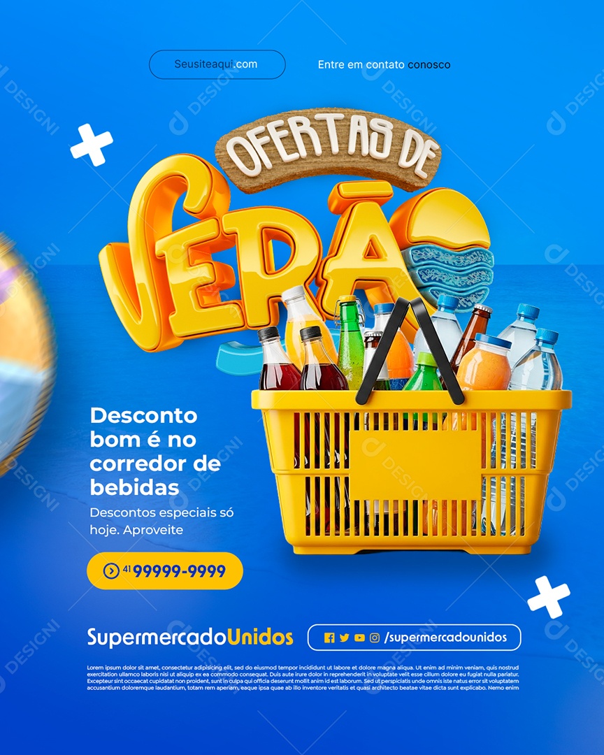 Ofertas de Verão Supermercado Desconto Bom é no Corredor de Bebidas Social Media PSD Editável