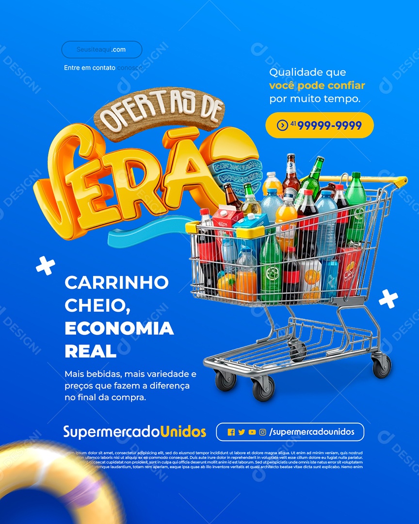 Ofertas de Verão Supermercado Carrinho Cheio Economia Real Social Media PSD Editável