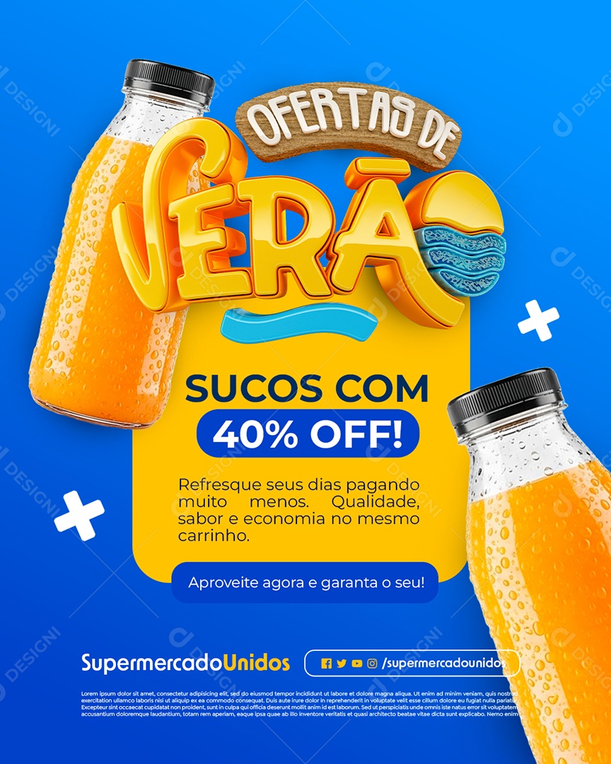 Ofertas de Verão Supermercado Sucos com 40% Off Social Media PSD Editável