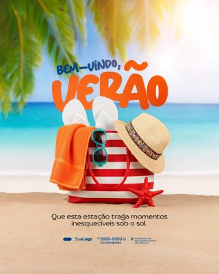 Verão Bem-Vindo Post Redes Sociais Praia e Sol PSD Editável