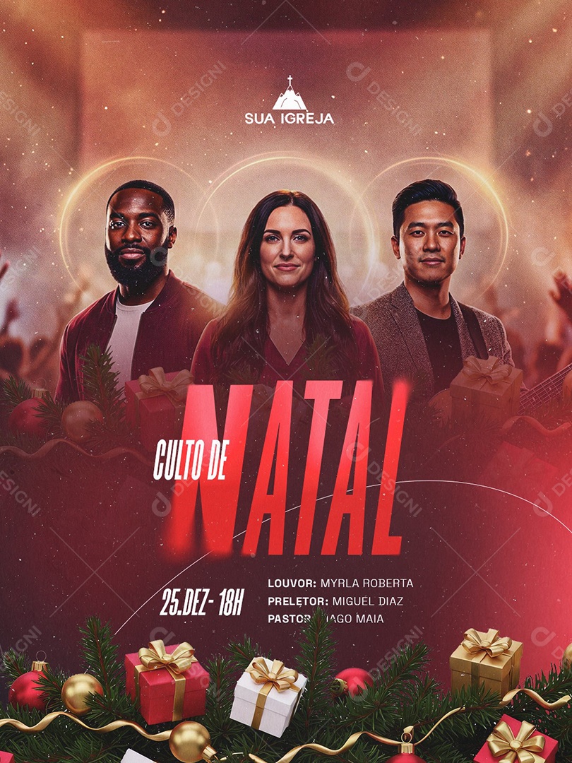 Flyer Gospel Culto de Natal 25 de Dezembro Social Media PSD Editável