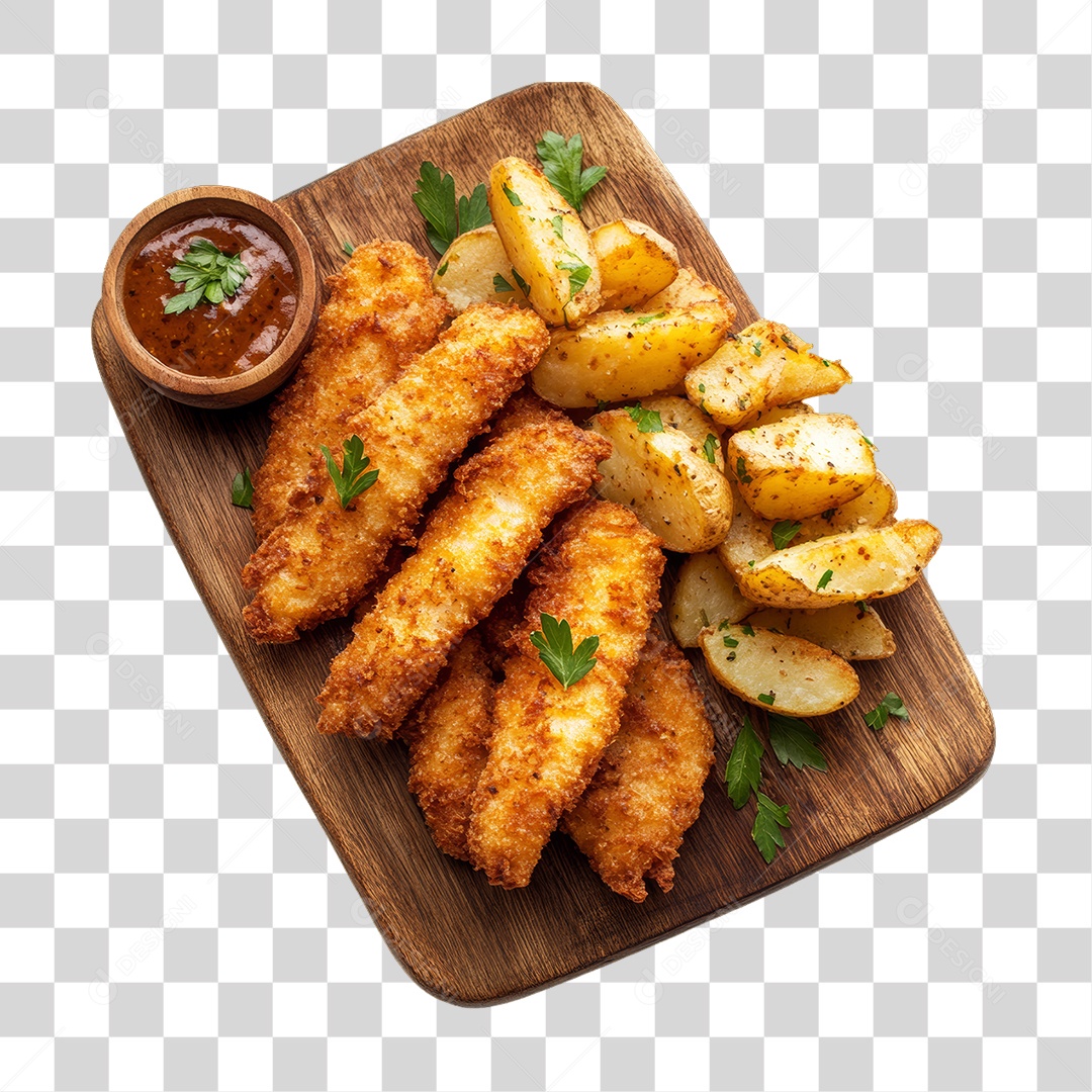 Porção de Peixe e Frango com Complementos PNG Transparente