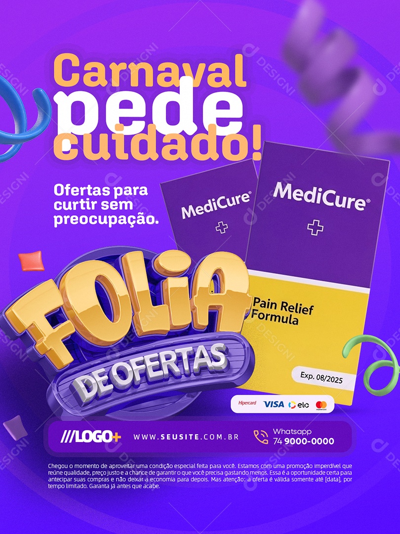 Farmácia Folia de Ofertas Carnaval Pede Cuidado Social Media PSD Editável