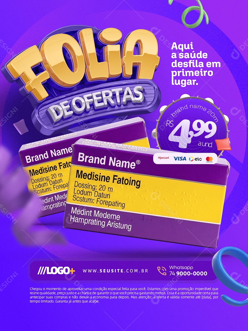 Farmácia Folia de Ofertas Aqui a Saúde Desfila em Primeiro Lugar Social Media PSD Editável