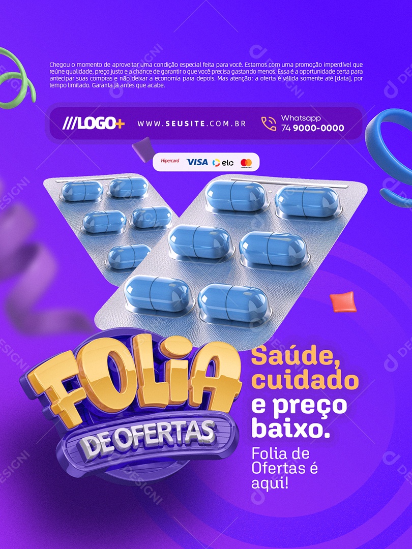 Farmácia Folia de Ofertas Saúde Cuidado e Preço Baixo Social Media PSD Editável