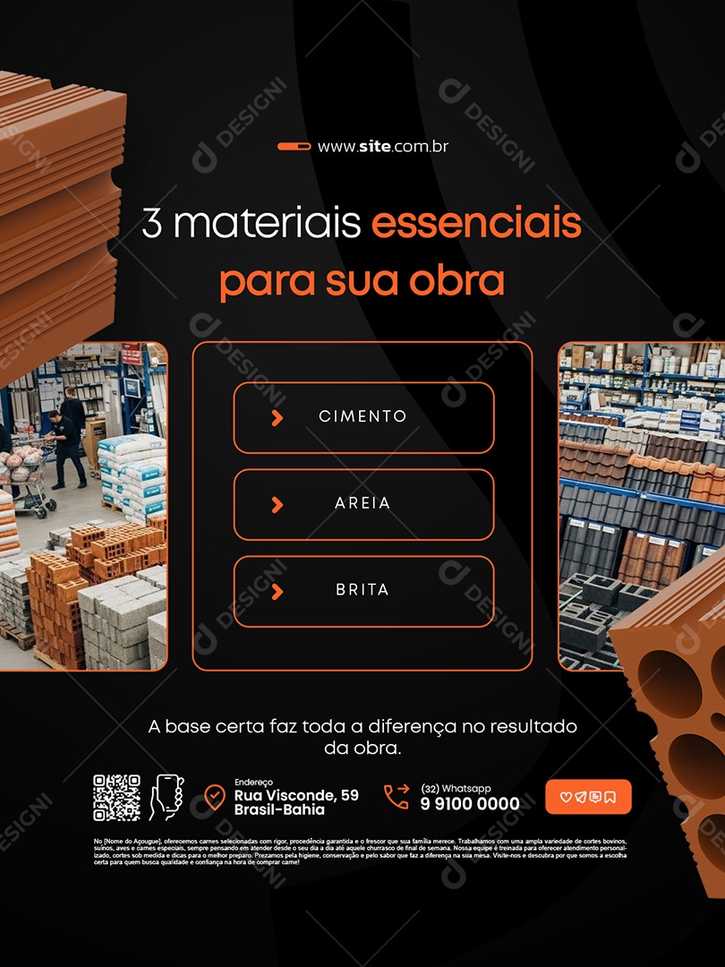 Material Construção Três Materiais Essenciais para Sua Obra Social Media PSD Editável